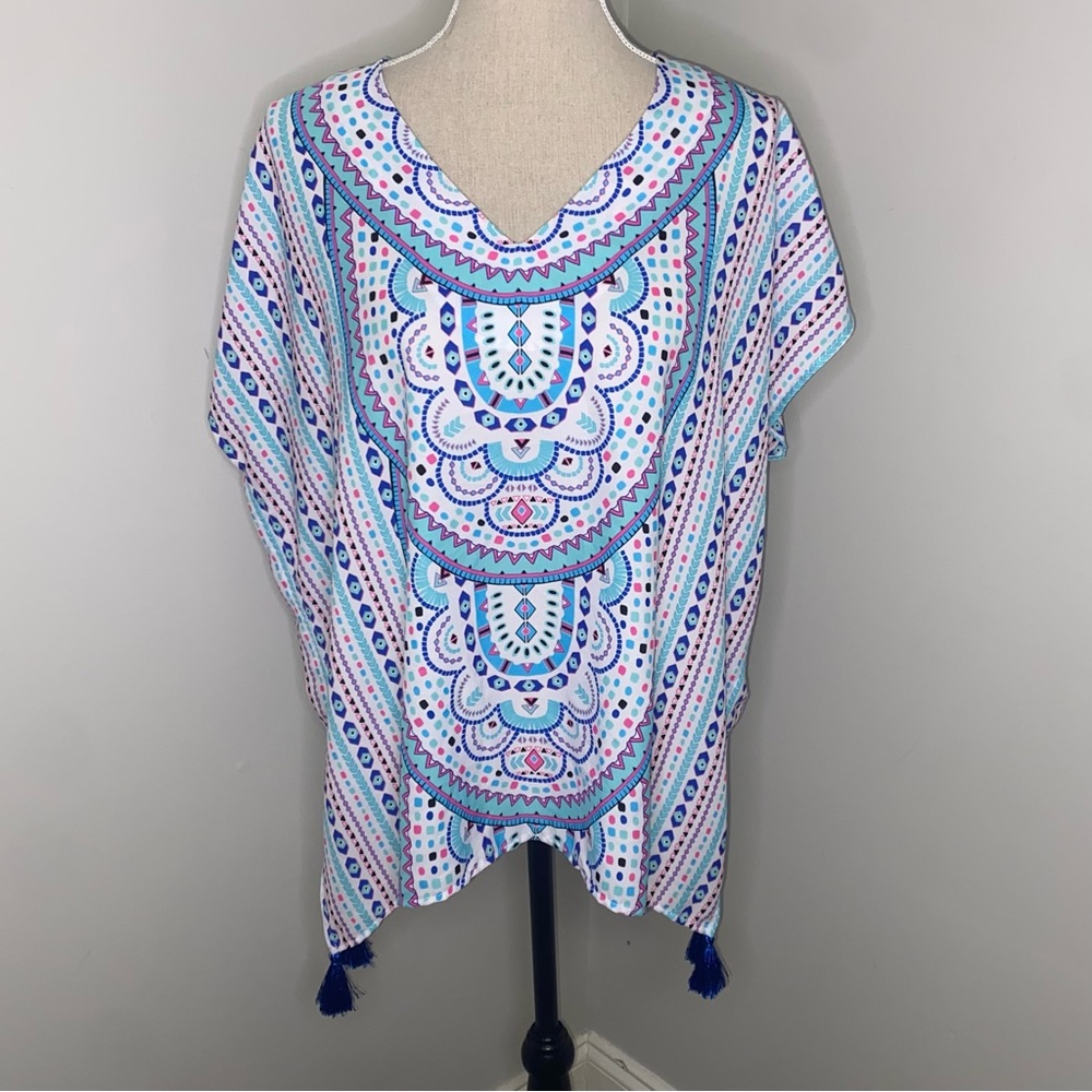 Britt Ryan aqua blue & pink popover loose fit cap sleeve tunic tassels sz Large